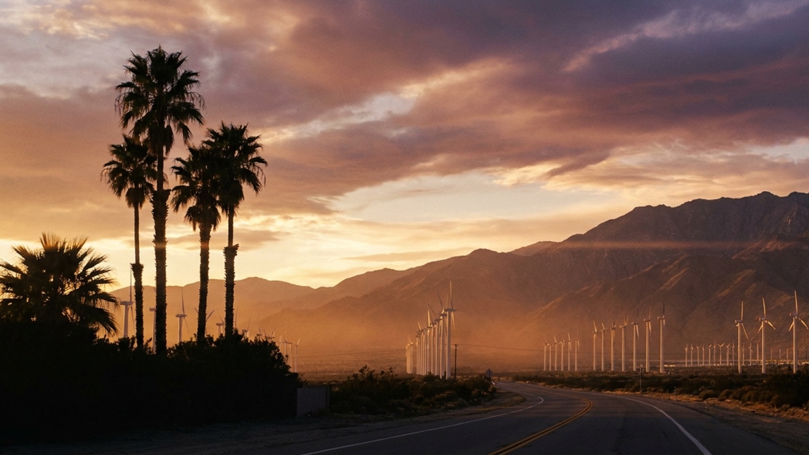 Wind turbines across the San Gorgonio Pass at golden hour, Coachella Valley